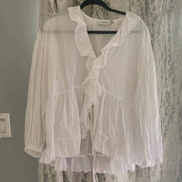 Coach Tops - Coach White Ruffle Tie-Front Peasant Blouse